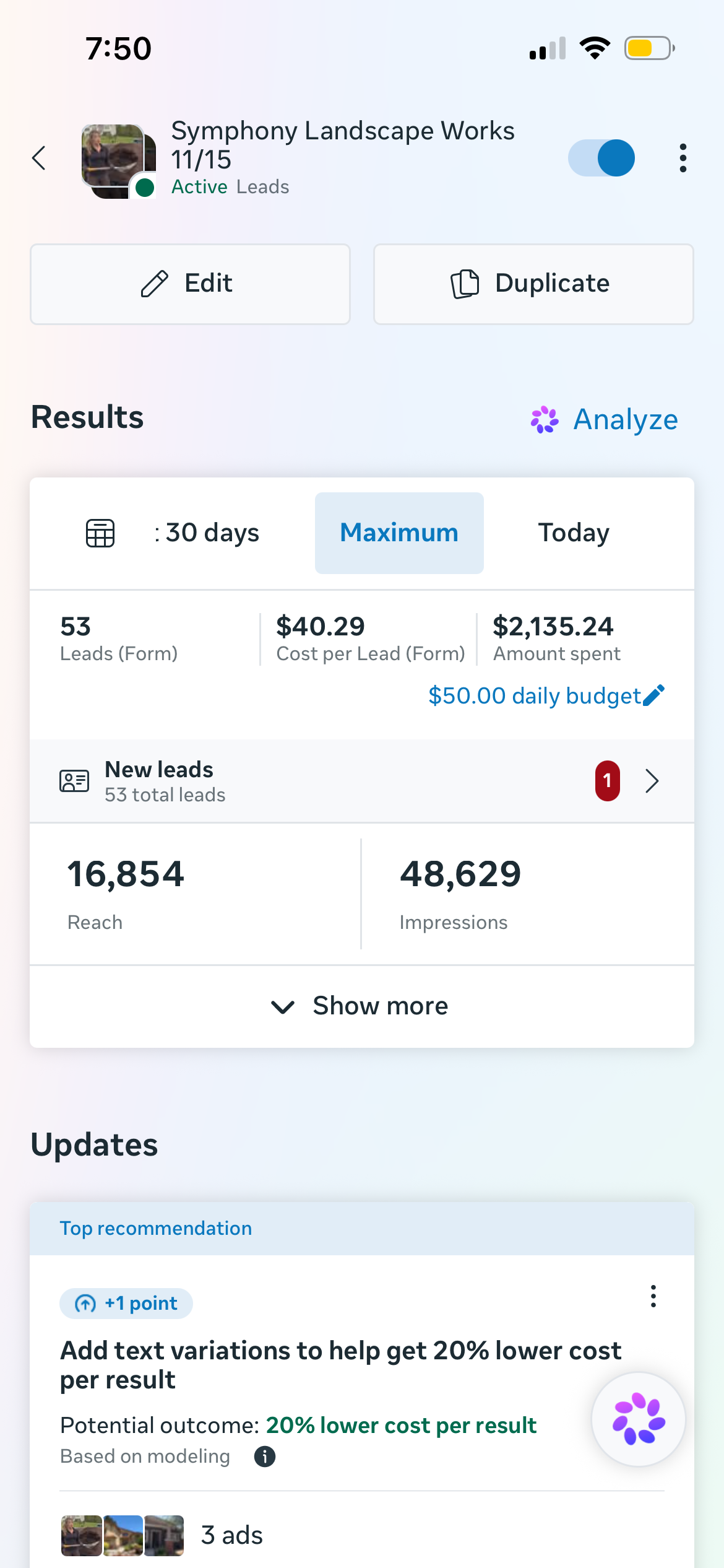 Meta Ads Manager showing the Symphony Landscape Works campaign marked Active with 53 form leads, 16,854 reach and 48,629 impressions.